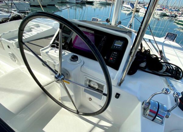 steering wheel catamaran lagoon 450 f 2018 bareboat charter mallorca