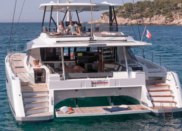 rear luxury catamaran fountaine pajot samana 59 alma greece