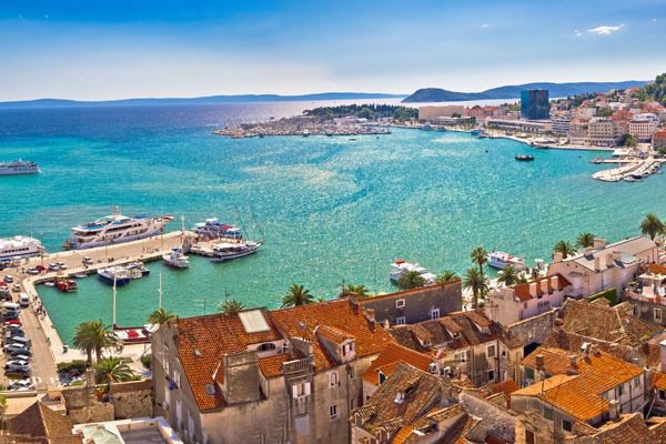 Split historic waterfront panoramic aerial view, Dalmatia, Croatia